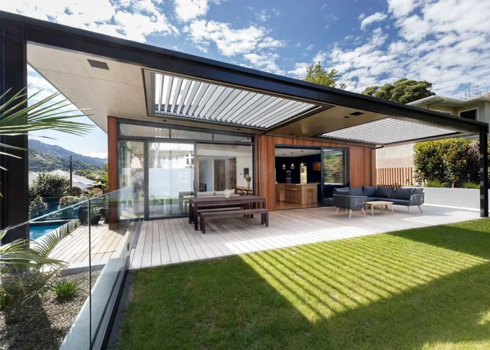 Custom size louvered pergola layouts