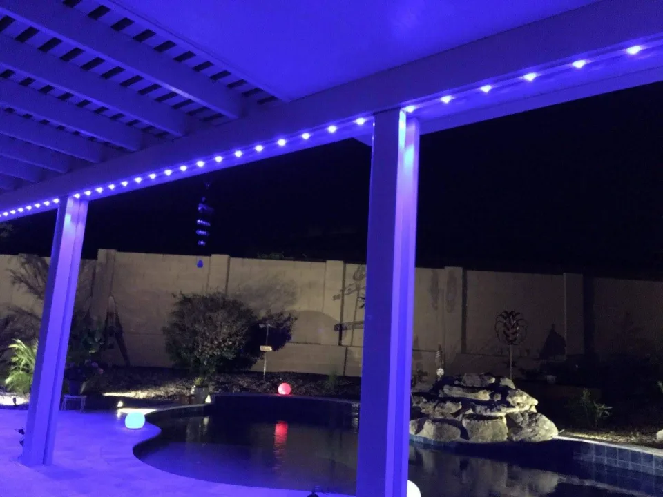 Colorful RGB LED strip lighting on a modern pergola