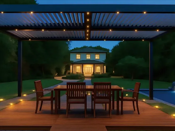 Recessed LED downlights in a pergola ceiling at dusk