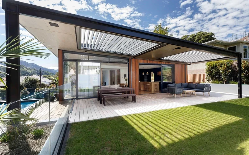 Custom size louvered pergola layouts